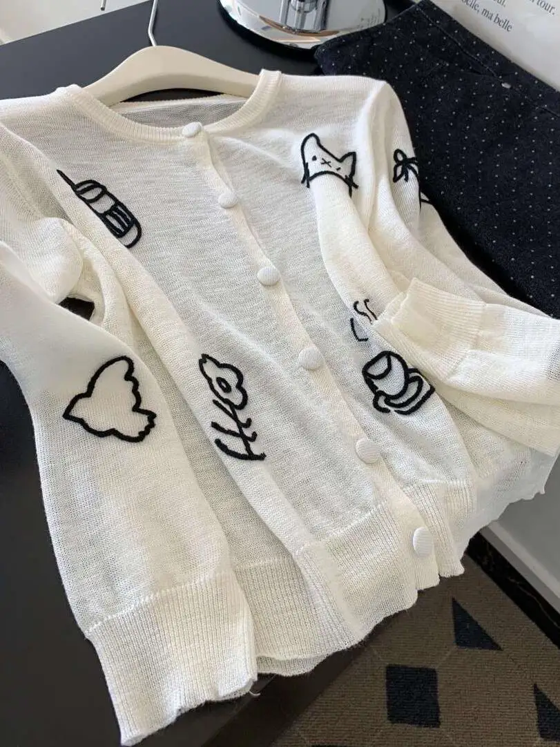 Comfortable And Wearable White Cartoon Embroidery Long Sleeve Knitted Open Cardigan Early Autumn Thin Korean Style Ageless El... view 2