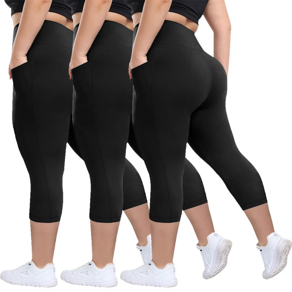 Black High Waist Leggings Slim Fit Capri Leggings Four Way Stretch 3/4 Leggings Tummy Control Cropped Leggings Plus Size