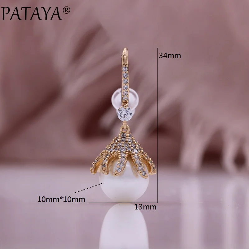 PATAYA Trendy Pearl Long Drop Earrings For Women 585 Rose Gold Color Natural Zircon Accessories Vintage Party Fine Daily Jewelry