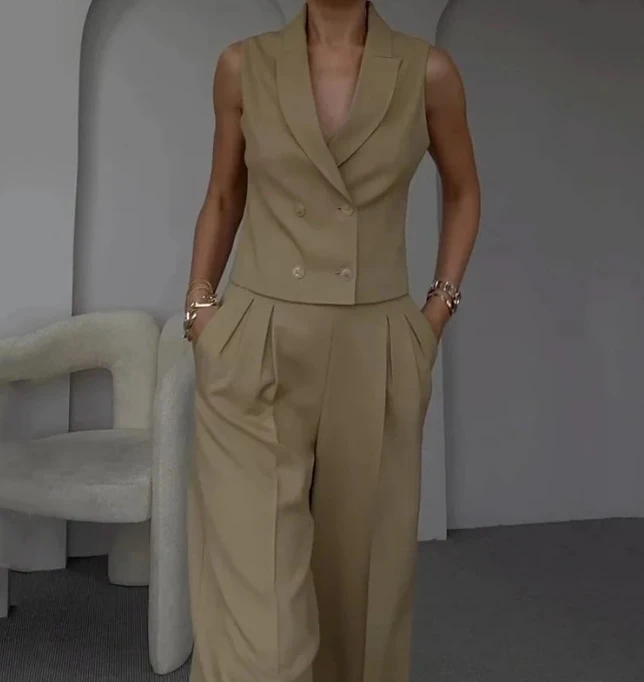 

Women's New 2024 In Stock Commuting Collar Sleeveless Vest and High Waisted Pocket Straight Leg Pants Set