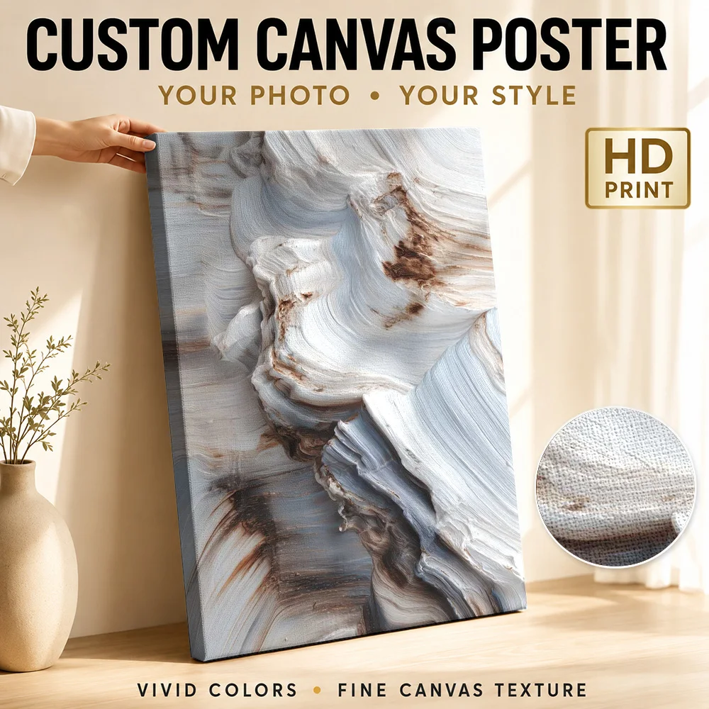 Layered White And Brown Marble Forms Canvas Poster Personalized Photo Abstract Wall Art For Creative Studio, Design Lover Gift