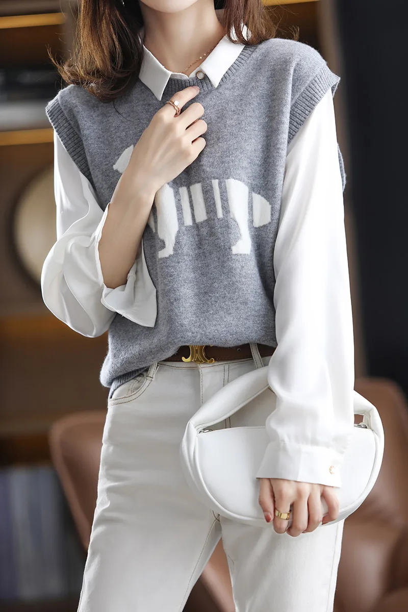 Fall/winter 100% pure wool vest women's loose design Jacquard sweater vest Joker sweater cashmere vest