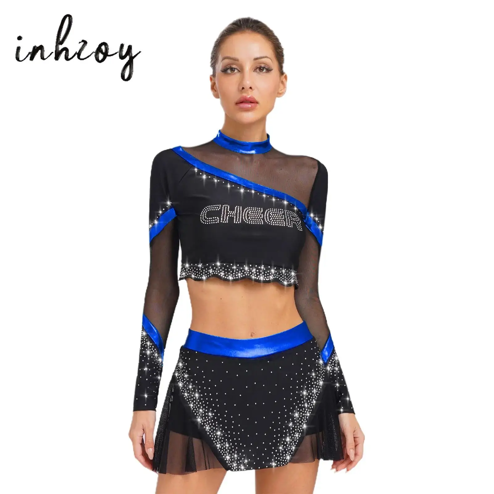 

2Pcs Women Cheerleading Dance Outfits Long Sleeve Rhinestone Crop Tops+Skirt Set Cheerleading Performance Costume Dancewear
