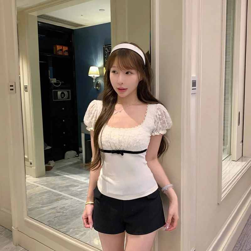 

Puff Sleeve T-shirt Women's Square Collar Lace Stitching Bowknot Shesth Short Sleeve Tops