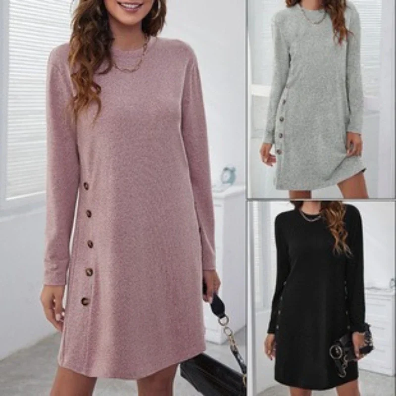 2025年秋 ヴィンテージ エレガント 無地 カジュアル ルーズ Aライン ミディ丈ワンピース レディースファッション ショート丈 女性用ドレス