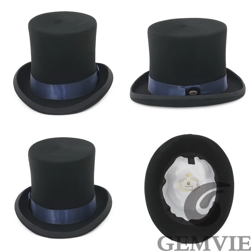 GEMVIE 17cm 100% Wool Felt Top Hat For Men Women Cylinder High Hat Topper Mad Hatter Party Costume Fedora Magician Theater Hat