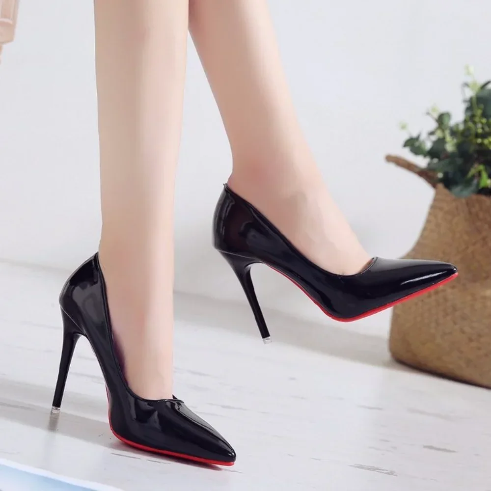 Nude Color Small Fresh High Heels Patent Leather Stiletto Single Shoes Korean Sexy Pointed Pumps Black Professional Work Shoes