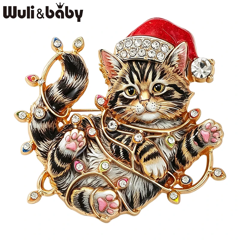 Wuli&baby Niedliche Weihnachts-Katzenbroschen für Frauen Unisex 2-farbige Strass-Broschen mit bunten Lichtern Kätzchen Neujahrsparty-Broschen