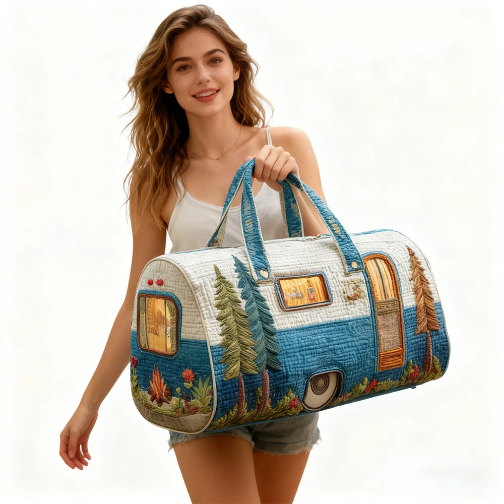 

Camping Trailer Textured Quilted Duffle Bag Unisex Casual Daypack Women Men Weekender Travel Tote 2026 Outdoor Road Trips