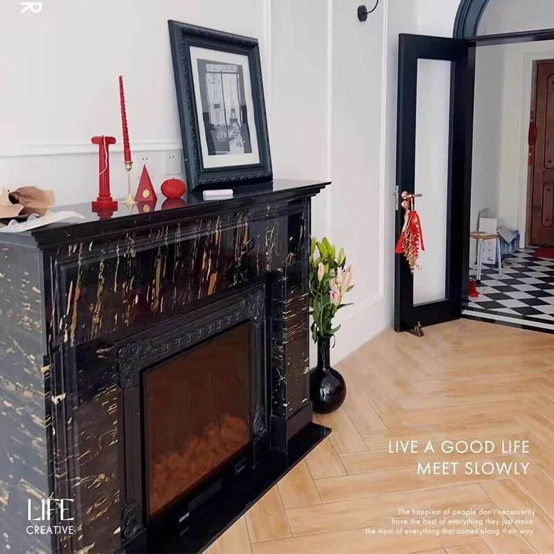 Marble fireplace French fireplace black gold flower black stone retro simple American fireplace eyeswoon same style