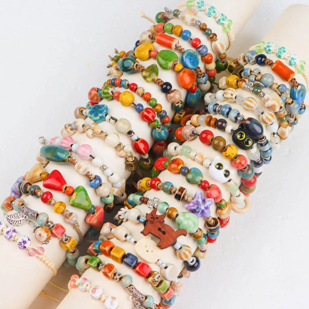 

10 шт./лот, модный женский тканый эластичный керамический браслет, ретро сушеный цветок, морская звезда, веревочный аксессуар, повседневный подарок