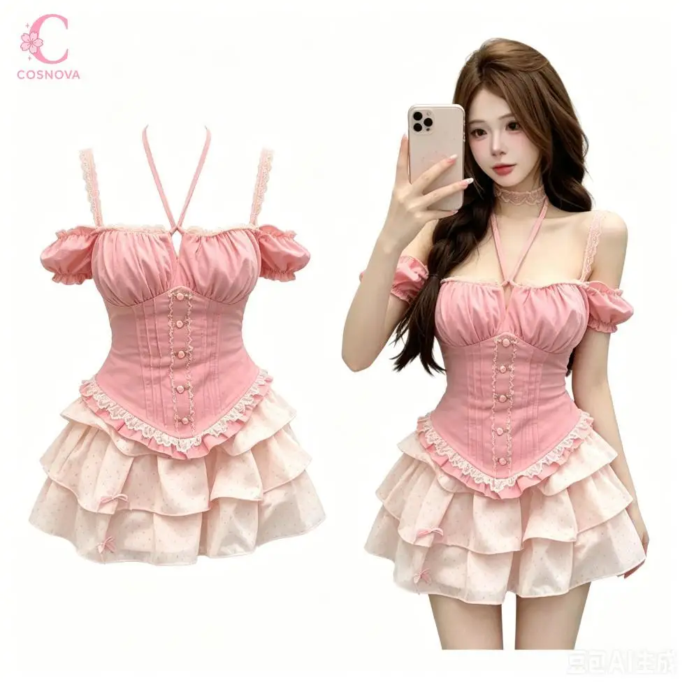 

Sweet Y2k Kawaii Lace Halter Off Shoulder 2 Pieces Set Women Summer Layered Cake Skirt Bow Top Female Daily Chic Popular Clothes