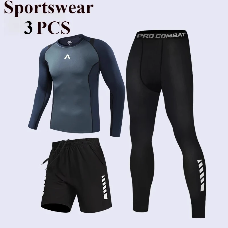 

Men Sets Bodybuilding Sportswear Fitness Gym Shirts Elastic Compression Clothes Workout Long Sleeves Pants Tights Tracksuit