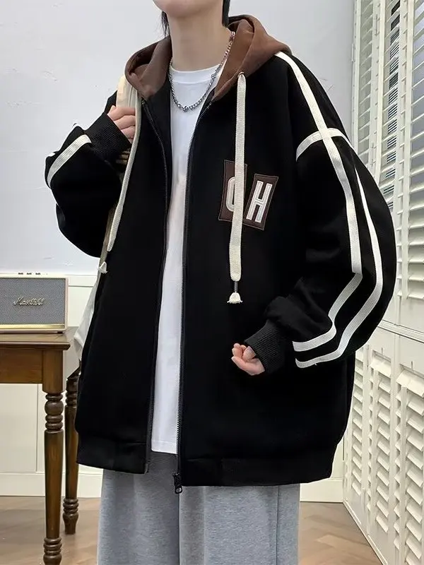 

Teenage Trendy Hooded Baseball Jaet Men's Oversize Spor Casual Student Outerwear Polyester Fiber Long Sve Zipper Closure