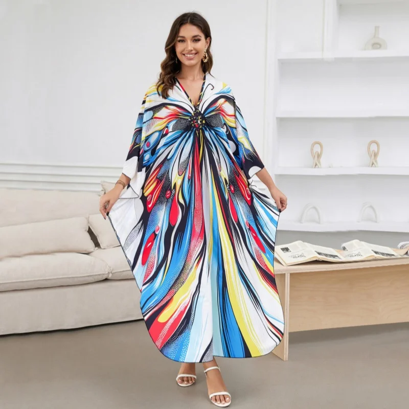

Women's Long Tiedye Kaftan Dress Print Kimono Maxi Beach Boho Party Dresses Plus Size Bathing Suit Cover Ups Batwing Sleeve