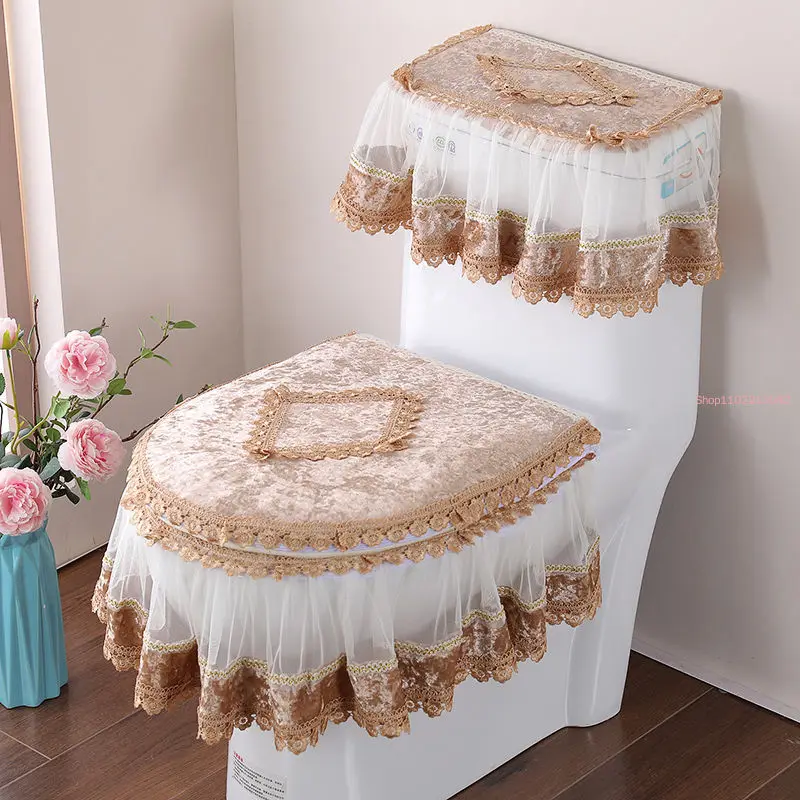 3 Pcs/Set Fabric Lace Toilet Mat Three-Piece Gold Velvet Cover U-Shaped Zipper Pedestal Ring