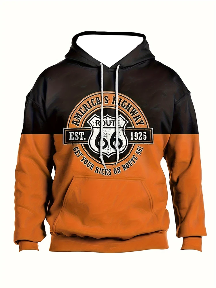 

Route 66 Pattern Print Men's Hoodie Street Hip Hop Style y2k Clothes Fashion Loose Pullover Autumn and Winter Casual Sweatshirts