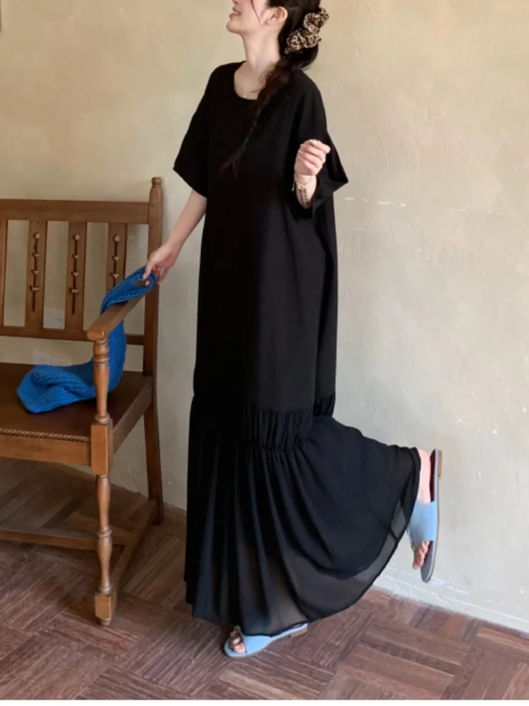 Plus size Lazy Casual Ladies Dresses European Holiday Women Patchwork loose Fake Two Piece Long Maxi Cotton T-Shirt Dress