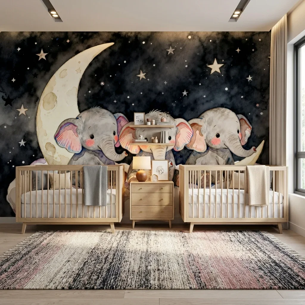 Customized Wallpaper Midnight Starry Sky Dream Mural Three Watercolor Elephants on the Moon Luxury Children's Room 3d Mural