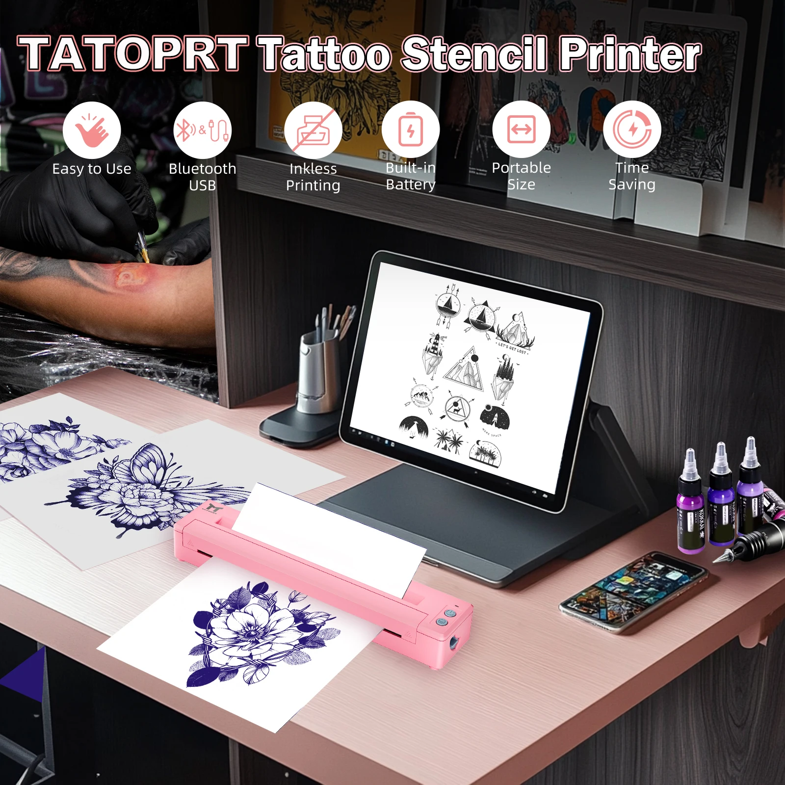 Bluetooth Tattoo Printer A4 Tattoo Thermocopier Portable Tattoo Stencil Printer Transfer Machine with 5pcs Free Transfer Paper