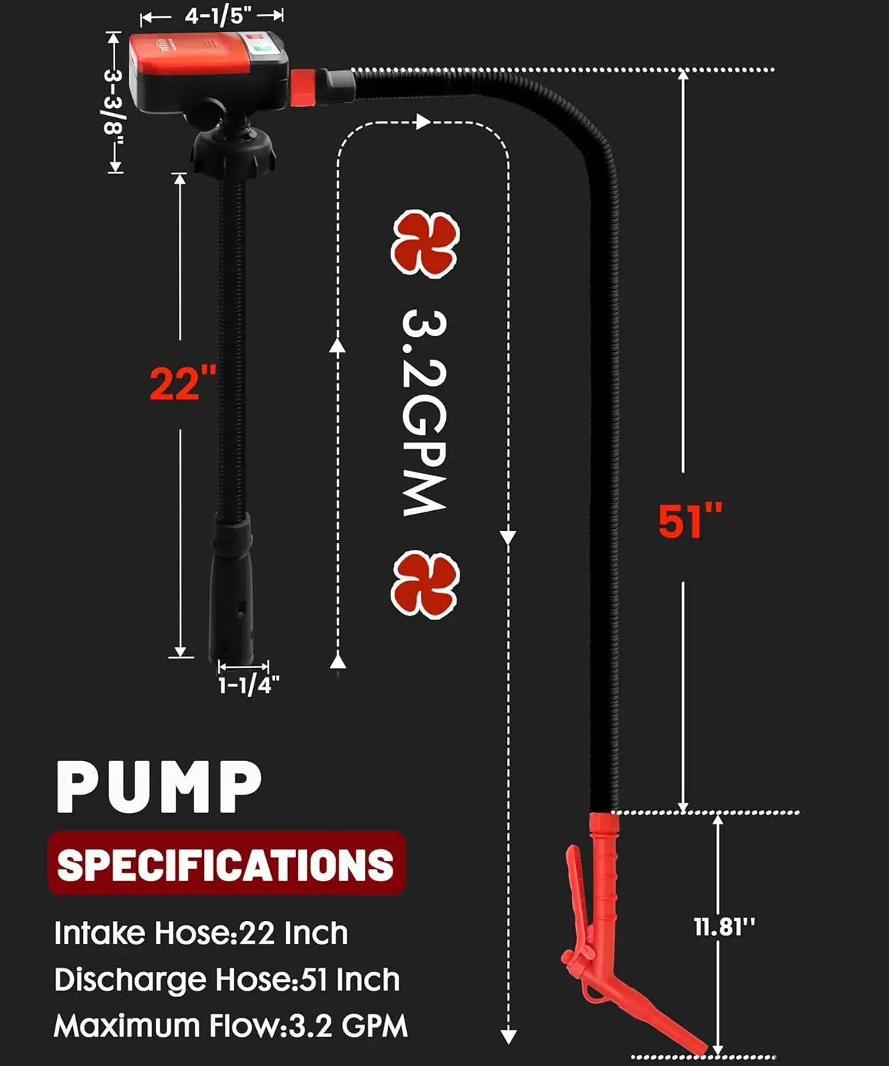 AA Battery/USB Powered Fuel Transfer Pump with Auto Shut Off, 3.2 GPM Flow, 4 Adapters for Gasoline, Diesel, Kerosene