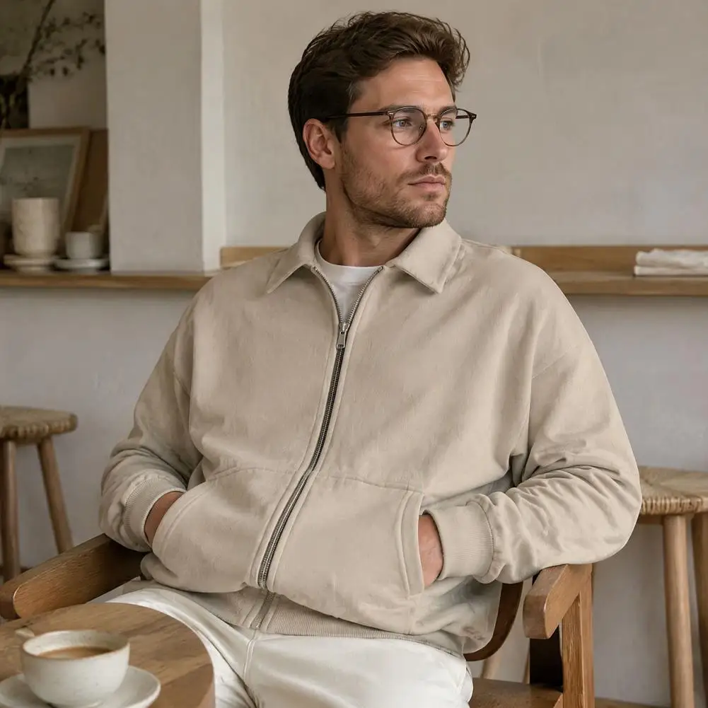 Full Zip Pocket Jacket Men Women Fall Winter Zip-up Jacket Solid Color Long Sleeve Coat with Pockets Loose Fit for Outdoors