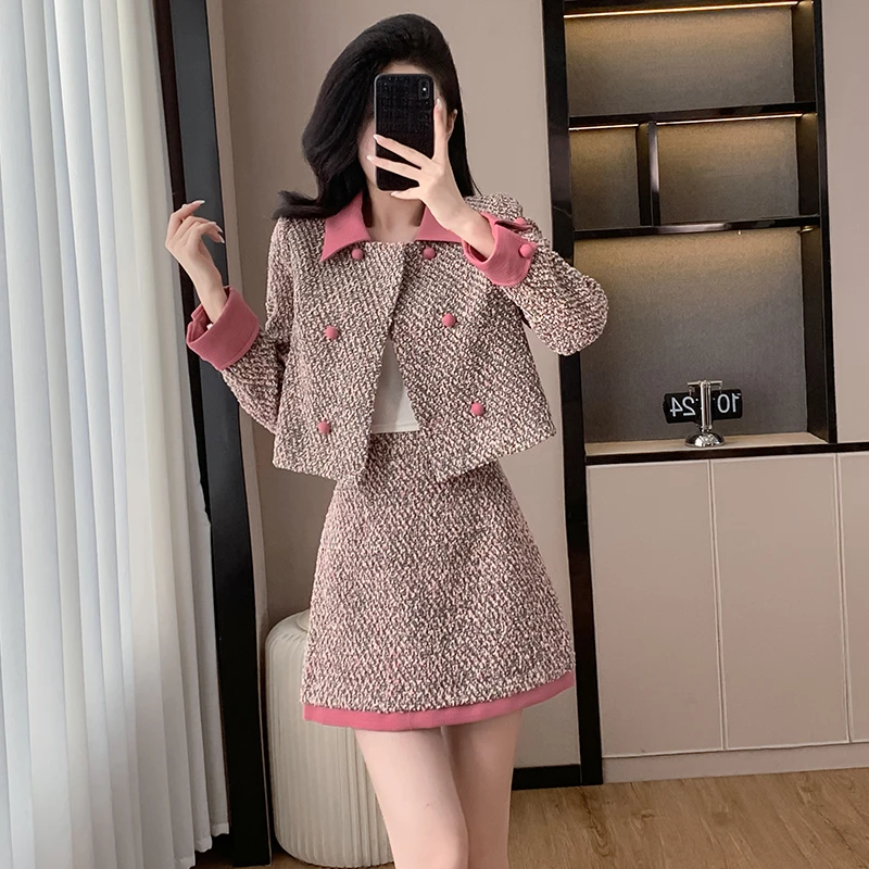 High Quality Fall Winter Tweed Skirt Suits Vintage Women Double Breasted Lapel Short Jacket Coat+Slim Skirt Sweet 2 Piece Set