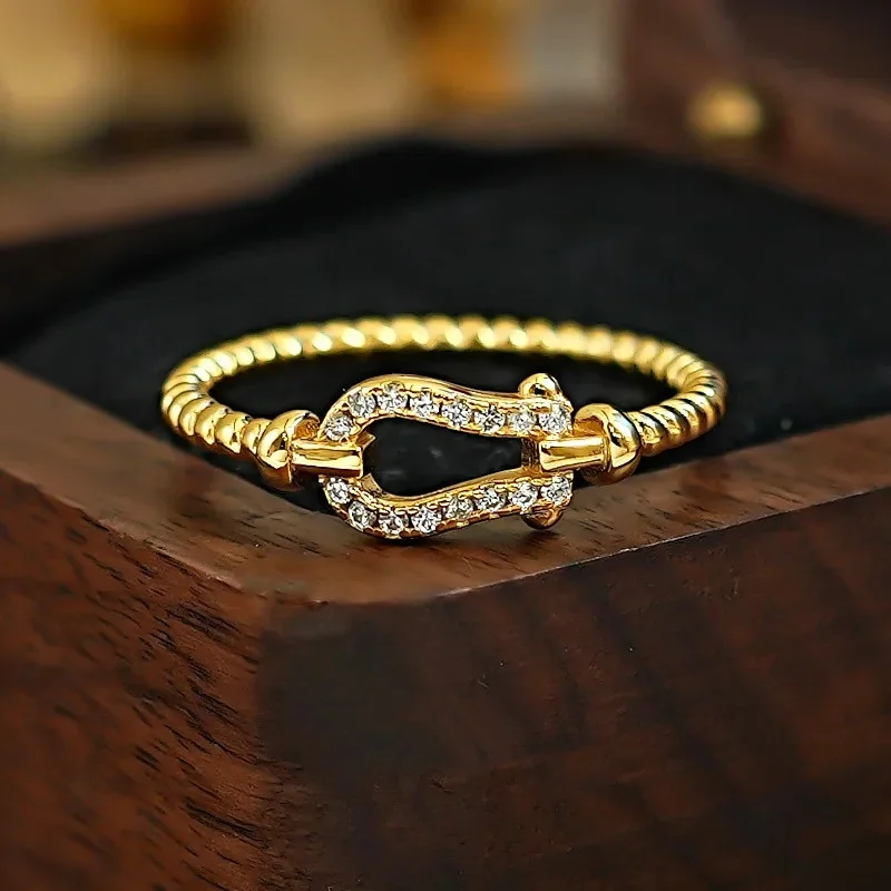 Luxury 24K 9999 Pure Gold real gold platinum PT950 Women's Light Luxury Horseshoe Buckle Simple All-match Ring