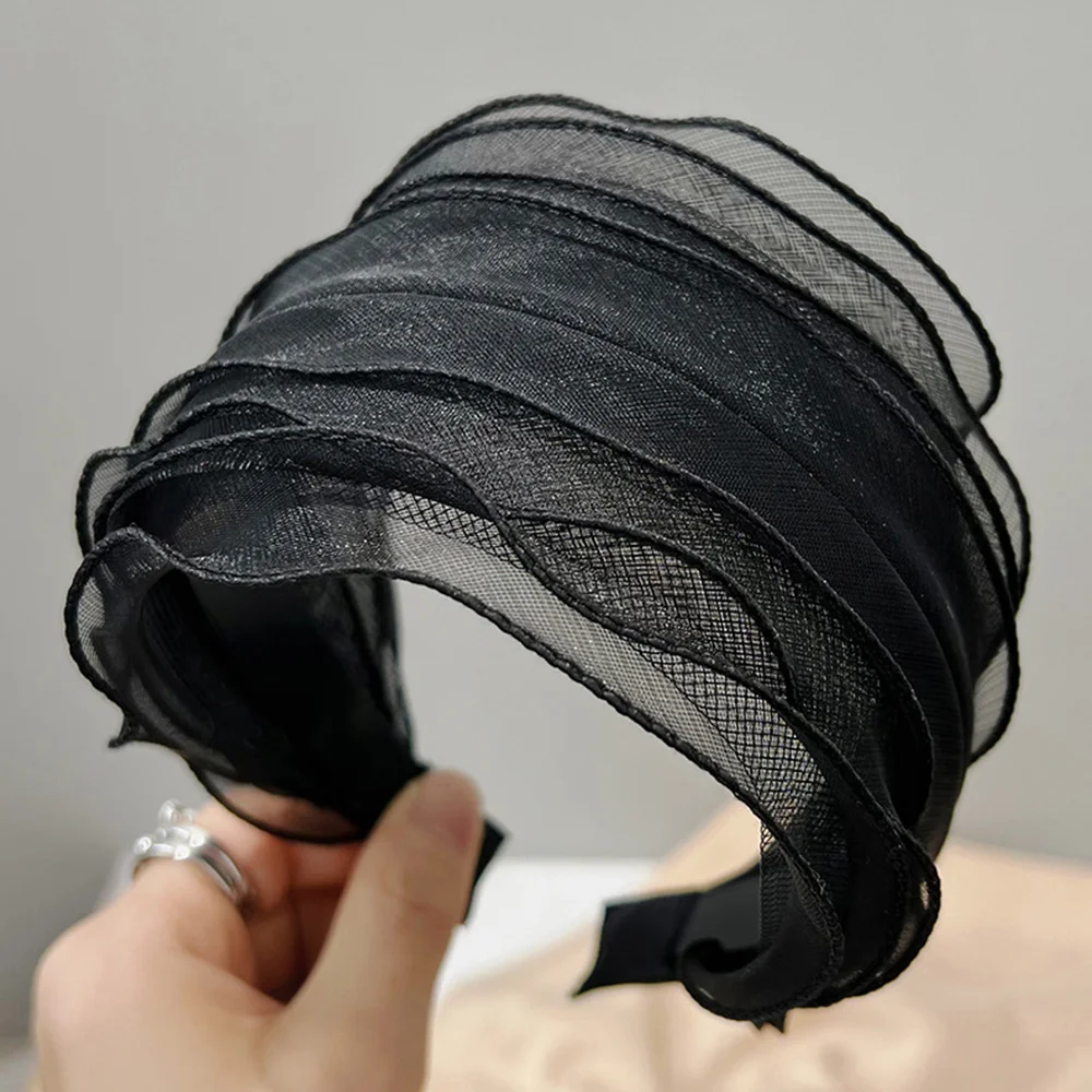 Fashion Wide Hair Hoop Sweet Elegant Organza Yarn Lace Hairbands For Women Girls Non Slip Headwear Hair Accessories