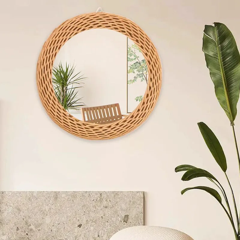 Rattan Wall Makeup Mirror Stickers Vanity Aesthetic Woman Cute Large Round Mirror Nordic Beauty Salon Espelho Home Decorations