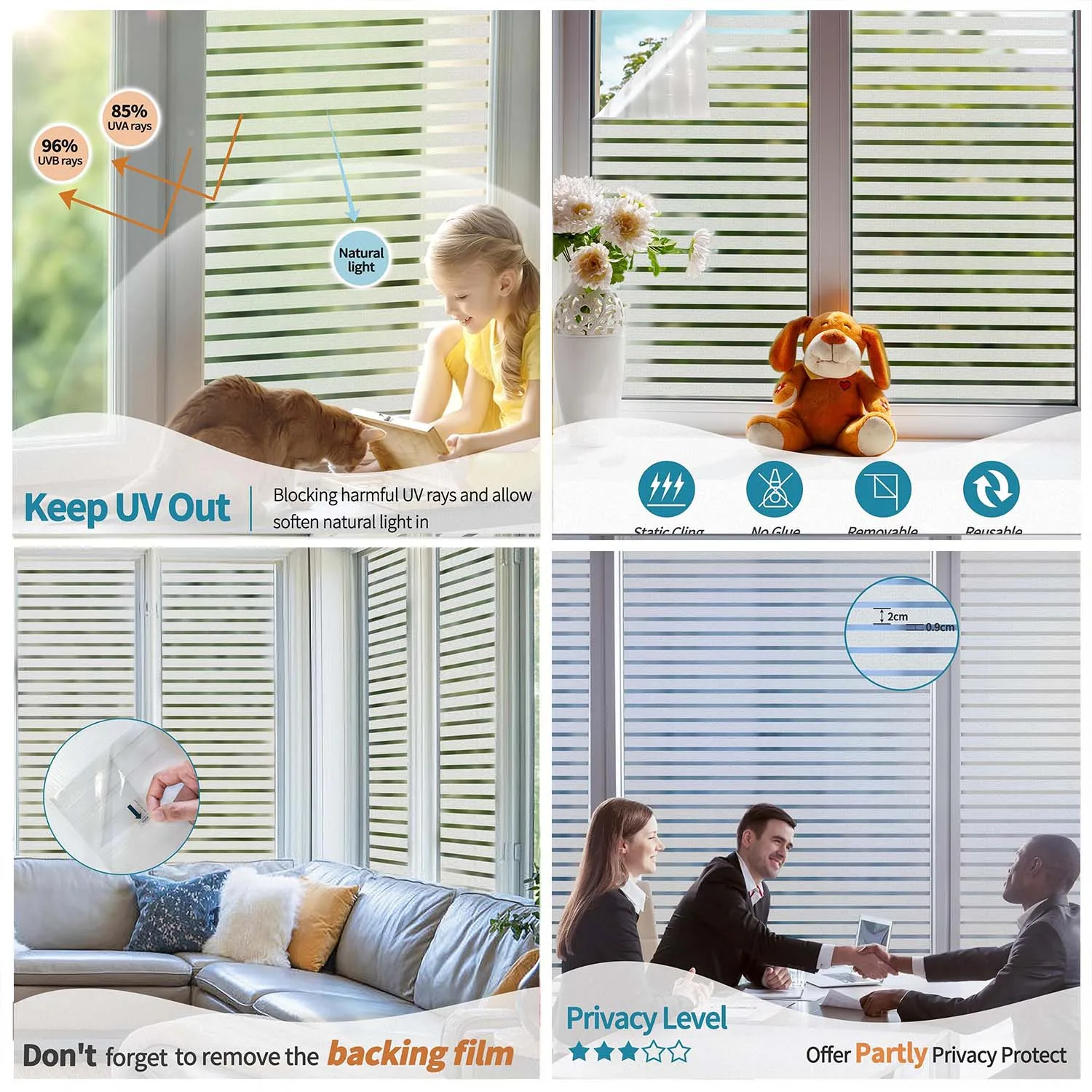 Stripe Static Cling Window Privacy Film No Glue Frosted Decorative Glass Sticker Anti-UV Window Tint for Bathroom Bedroom Office