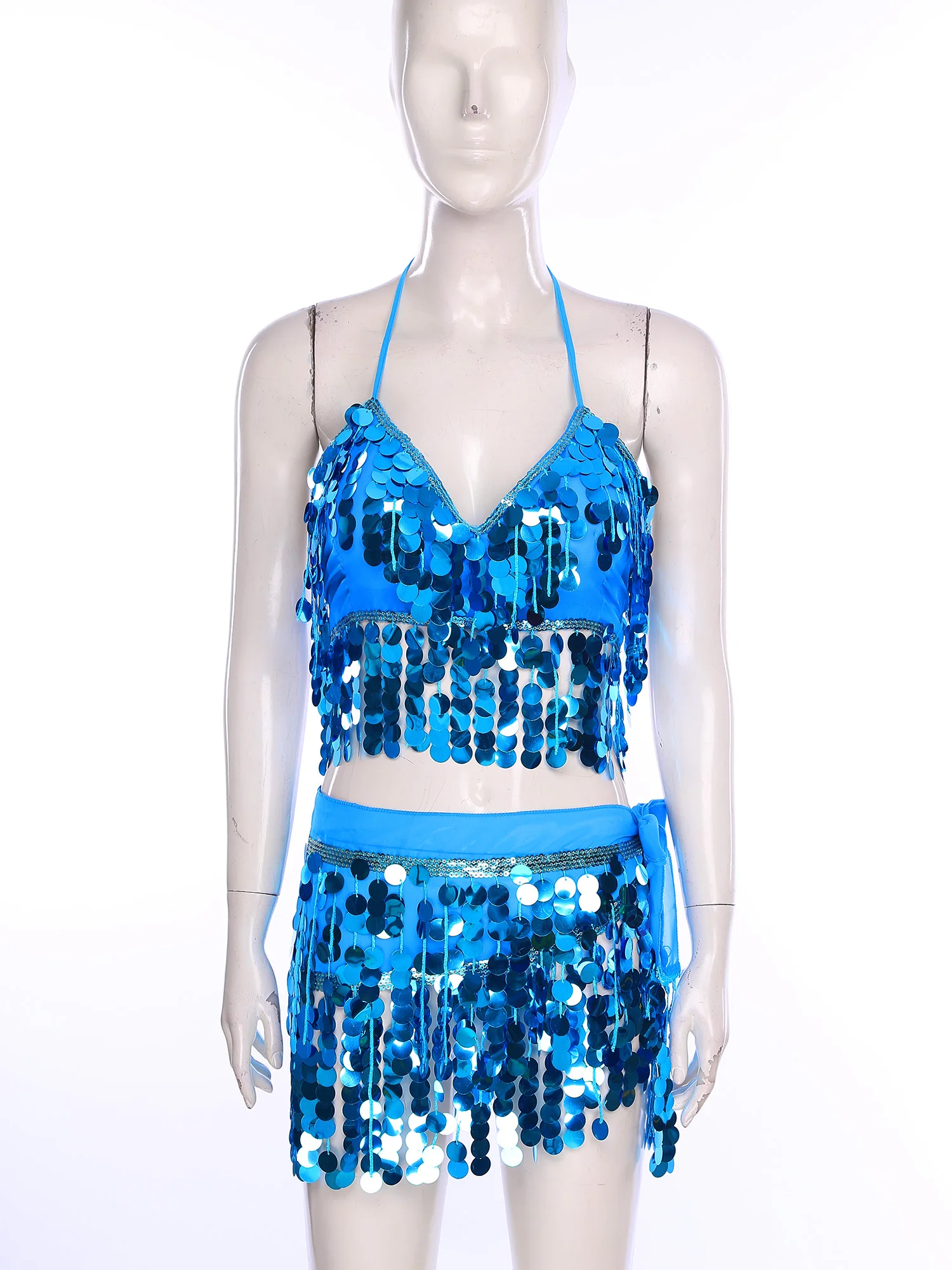 

Women Belly Dance Party Costume Shiny Sequin Tassel Fringe Padded Bra Crop Top And Lace-up Hip Scarf Waist Chain Skirt Raves Set