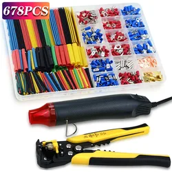 678PCS Heat Shrink Tube Sleeving Set Car Electrical Wire Terminals Insulated Ring Fork Set Ring Lugs Rolled Crimp with Pliers