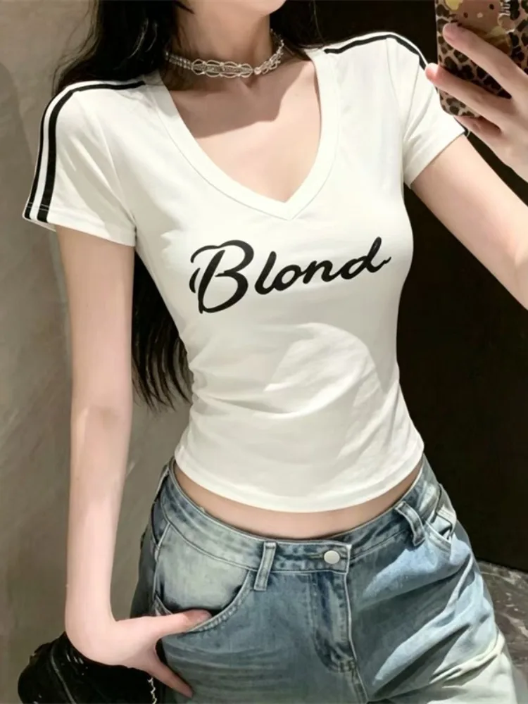 

Fashionable Street Style Short Sleeve Slim Fit T-Shirt Women's V-Neck Letter Print Top Summer New Arrival Elegant Short Length