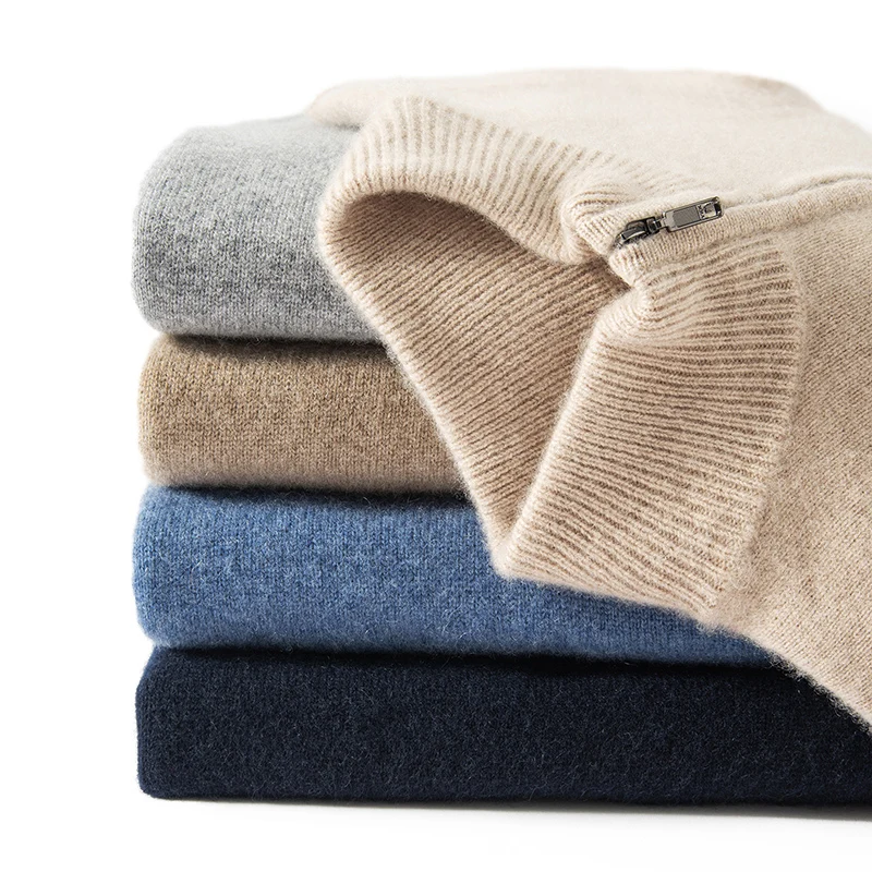 Seven-Needle Double-Ply Thickened 100% Cashmere Sweater Men's Zipper Half Turtleneck Business Knitwear Layering Base Shirt