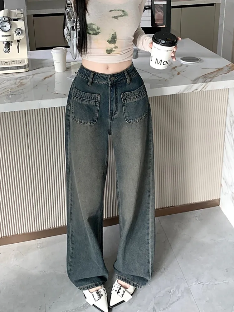 

S-XL Autumn women Street Wear Blue long denim pants Vintage High waist Straight Denim jeans Trousers for womens(L9012