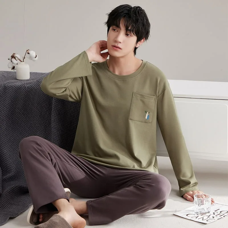 Men Pure Cotton Pajamas 2024 Spring Autumn Long Sleeve Casual Large Size Homewear Suit Teenagers Round Neck Simple Sleepwear Set