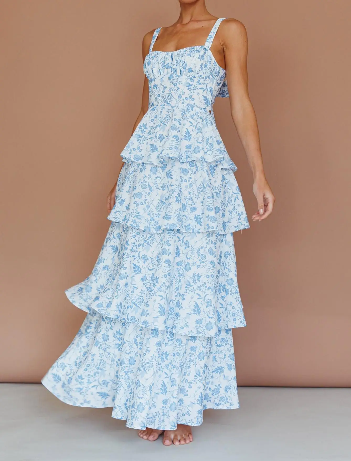 Feminino floral em camadas plissado vestido cinta de espaguete a linha vestido longo verão boêmio praia retro vestidos novas roupas estéticas