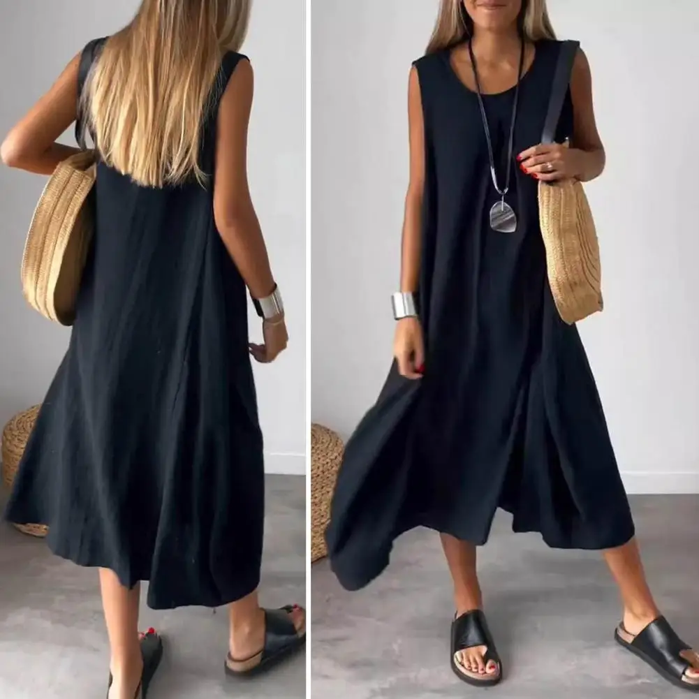 

Women A-line Dress Elegant A-line Midi Dress with Pleated Big Hem for Women Wear Beach Sundress Solid Colors Lightweight Dress