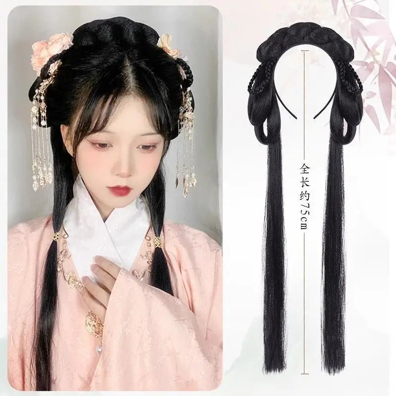 Tang-dynastie haarbumpset: alles-in-één hoornbroodje + volledige pruikdop voor Hanfu oude Chinese voorgevormde ossenhoornvulling + hoofdband