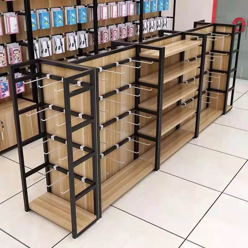 スーパーマーケット用の木製ディスプレイ棚,頑丈な多機能棚,サポート付き,小売店