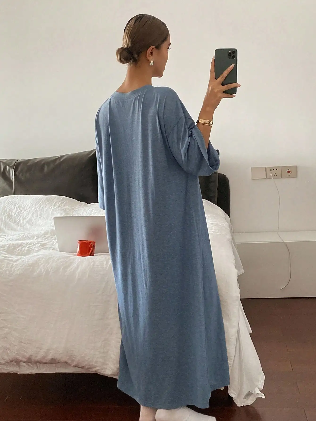 

Loose Long Sleeve Letter Print Nightgown for Women, Cozy Lounge Dress, Fall Winter