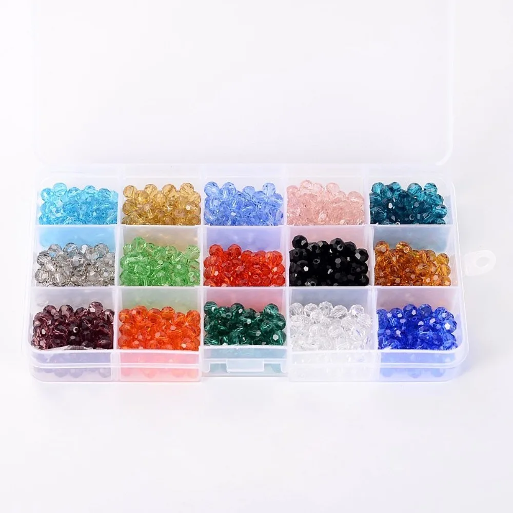 

1box 1box 15 color Round Glass Beads Faceted Mixed color 6mm Hole: 1mm 50pcs/color/compartment 750pcs/box