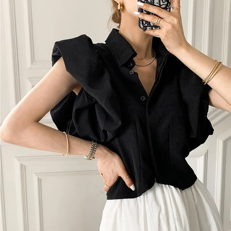 Gidyq Y2K Women Chiffon Black Shirts Summer Fashion Elegant Puff Sleeve Tops Korean All Match Female Casual Blouse New