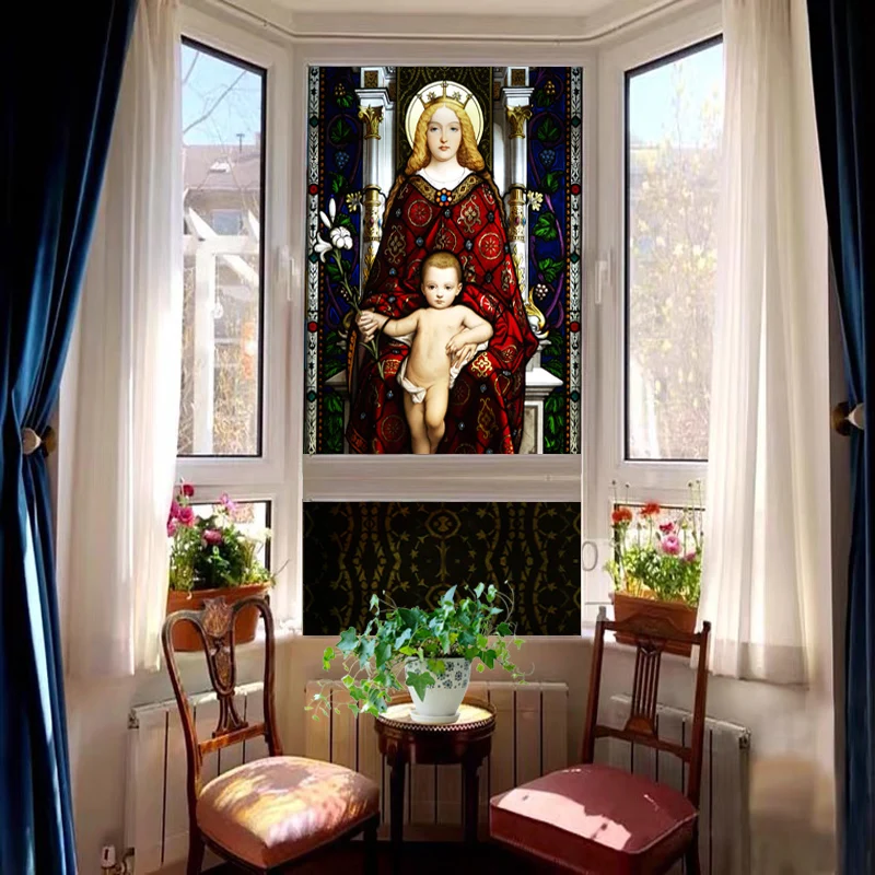 Custom Size Church Stained Glass Film, Self-Adhesive Bible Verse Jesus Angel Window Sticker, Static Cling Art Poster for Christi