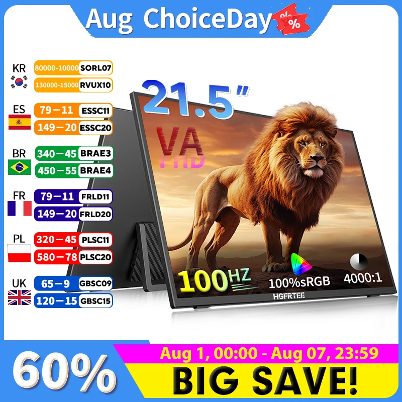HGFRTEE 21.5 Inch Portable gaming monitor Full HD 1080P 100Hz 4000:1 Contrast PC Gaming Screen For XBox PS4 / 5 Switch VA Panel