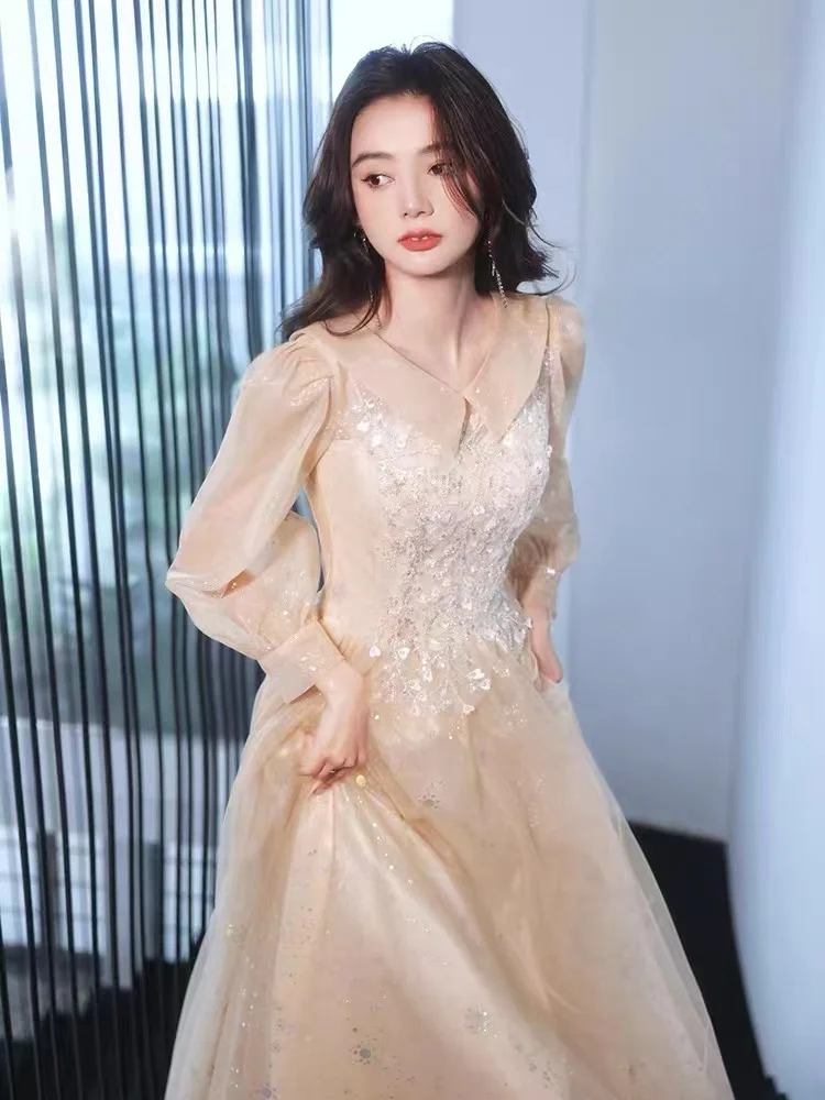 

Champagne Women's Evening Dresses Elegant A-line Chic Appliques With Long Sleeves High Waist Celebrity Birthday Party Prom Gowns