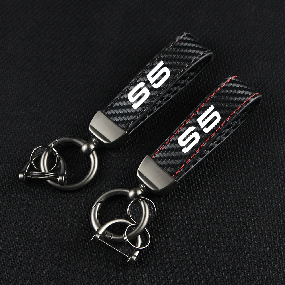 

Carbon Fiber Leather Rope Car Keychain Alloy Key Chain Pendant Keyring Horseshoe Buckle for S5 S6 S7 S8 Auto Accessories