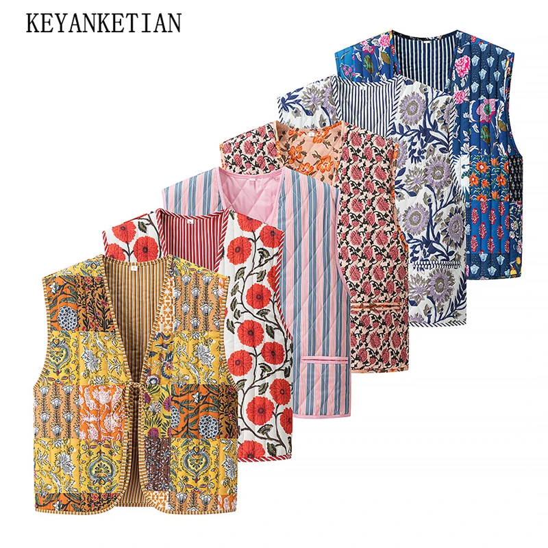 

KEYANKETIAN 2025 Autumn New Retro style Flower Prin Lace Up Waistcoat Vest Women's V-Neck Thin Sleeveless Coat Crop Top Camisole