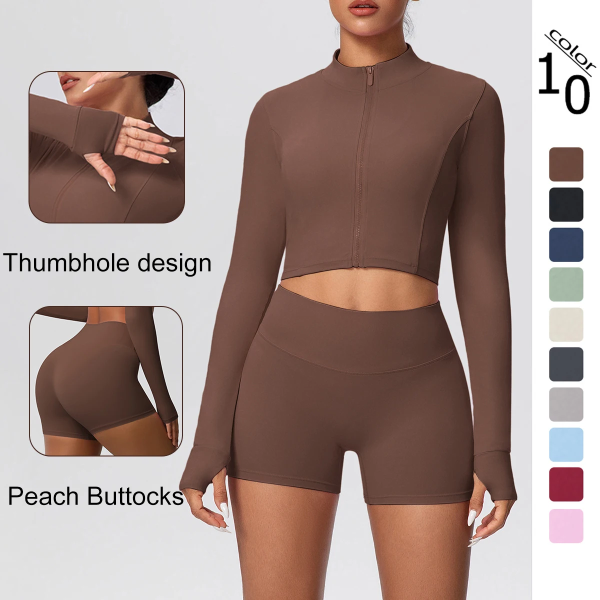 

Hamidou Yoga Zipper Long Sleeves Fitness Shorts Sportswear Set Solid Color Zipper Jacket Summer Quick-Dry Yoga Sports Shorts Set